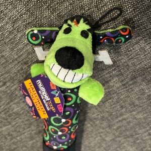 MULTIPET Halloween dog toy loofah w/squeaker. 12” length MONSTER. Green & black